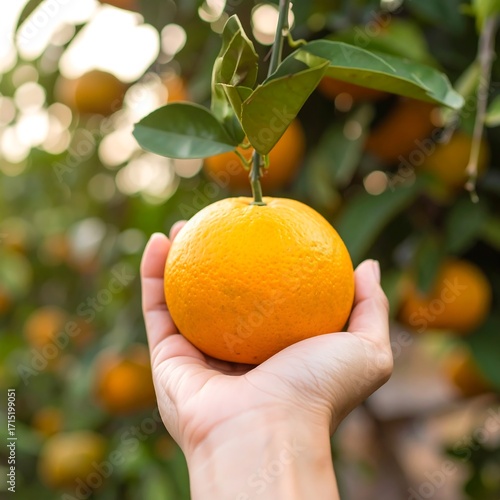 Hand holding ripe orange in orchard