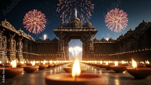 Grand Diwali Festival Night with Vibrant Fireworks Illuminating an Ancient Indian Temple Courtyard