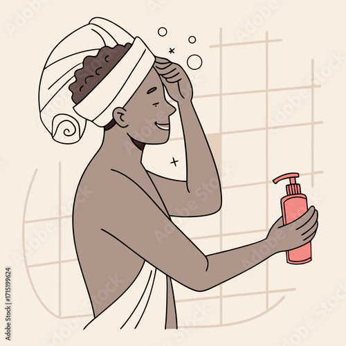 Man in Bath and hygiene – foam on face, towel on head, liquid soap.