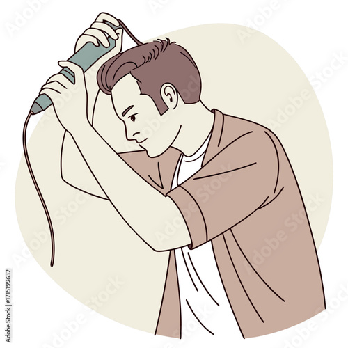 Man combing his hair, using a hairdryer, applying gel or styling pomade.
