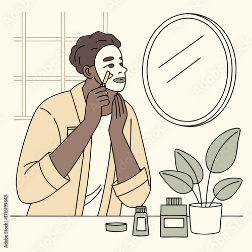 Man applying cream, face mask, serum, aftershave.