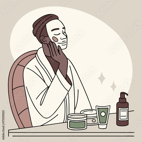 Man applying cream, face mask, serum, aftershave.