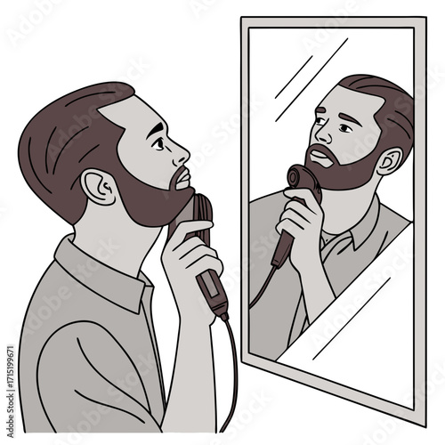 Man shaving in mirror, using razor, electric shaver or trimmer.