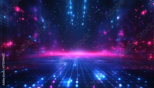 Vibrant futuristic digital room with glowing neon grid floor and walls illuminated by pink and blue light particles under a starry effect ceiling