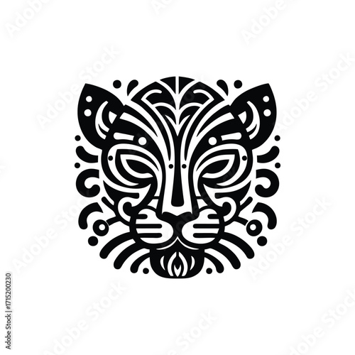Black and white stylized tiger face with intricate patterns