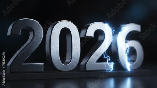 Wallpaper Mural 2026 Futuristic Vision: Bold metallic numbers shine against a dark, smoky backdrop, with electric sparks illuminating the number, embodying a sense of innovation, progress and anticipation. Torontodigital.ca