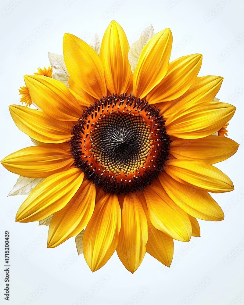 Fototapeta premium Close-up of a vibrant yellow sunflower with detailed petals and textured brown center against a light background, evoking warmth and natural beauty