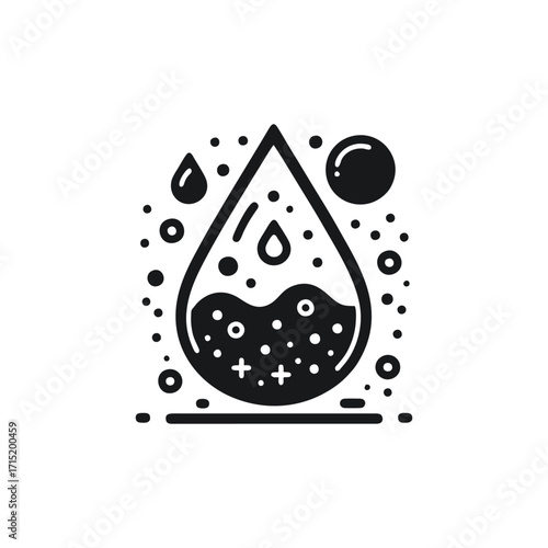 Black and white water droplet with bubbles and dots
