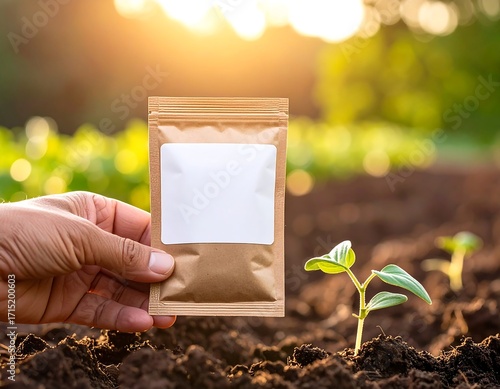 Hand holding seed packet over seedling