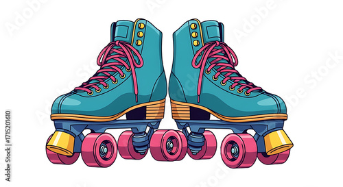 Retro Roller Skates with Pink Laces and Yellow Wheels on White Background