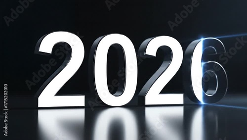 Wallpaper Mural Year 2026: A sleek, modern 3D rendering of the year 2026. The numerals are illuminated with a futuristic glow, symbolizing forward progress and future possibilities. Torontodigital.ca