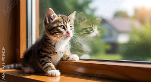 A cute tabby kitten sits on a windowsill looking out the window