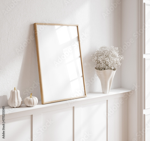 Mock up frame in home interior background, white room with dry flowers and pupkin decoration, Scandi-Boho style, 3d render