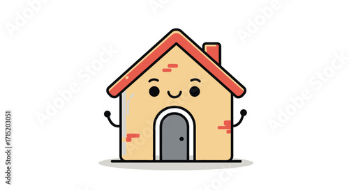 Tableau sur toile Cartoon illustration of a cute house with a smiling face, arms, and a chimney