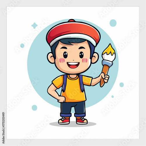 Boy character with a vibrant red beret and yellow shirt, cheerfully holding a paint brush, embodying creativity, artistic expression,passion for painting, children's art themes educational concepts