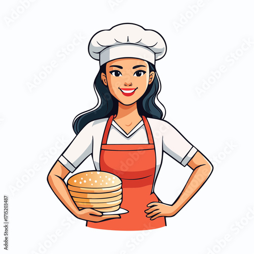 Smiling female culinary expert presenting a delectable stack of fresh pancakes, a cheerful and inviting character illustration perfect for breakfast, bakery, or cooking-themed designs and promotions