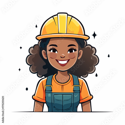 Vibrant cartoon portrait of a confident Black woman in a hard hat, embodying strength and professionalism in the evolving landscape of industry and labor