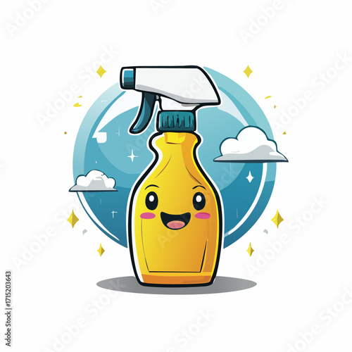 Cute Spray Bottle Illustration with Smiling Face, Clouds, and Sparkling Effects