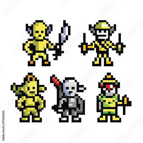 Goblin Characters 8-Bit Pixel Art Set. 5 Retro RPG Enemy Sprites
