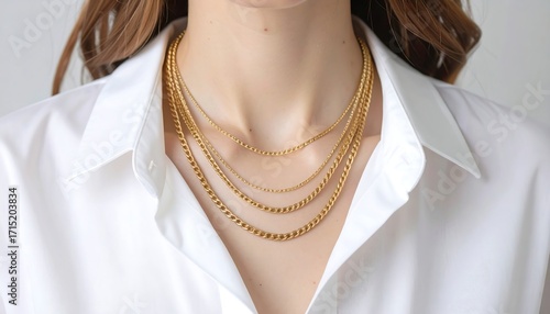 Gold necklaces layered on a woman
