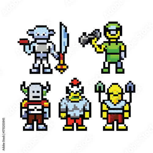 Orc Characters 8-Bit Pixel Art Set. 5 Retro RPG Enemy Sprites