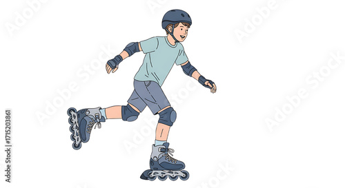 Energetic child roller skating safely with helmet and pads, enjoying a fun outdoor activity