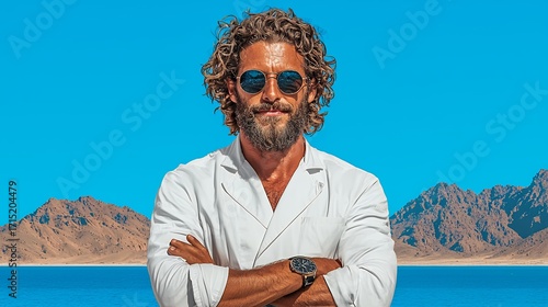 Portrait of a Man with Curly Blond Hair in White Shirt Against Desert Landscape