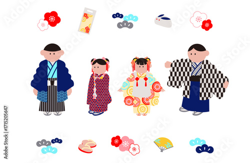 着物を着て楽しむ男の子と女の子と和素材のイラスト