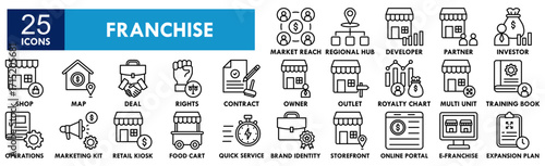 Franchise icon collection set. Containing design business, marketing, franchise, retail, commerce, store