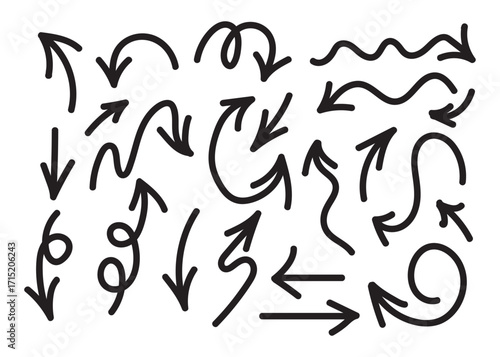 Hand drawn arrow vector icons set. Sketch arrow design for business plan and education. Set of arrows black icons. Circle arrows, rotate arrow, redo process symbol. Vector eps 