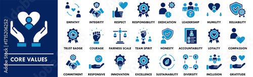 Core Values icon collection set. Containing design business, teamwork, core, company, mission, innovation