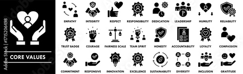 Core Values icon collection set. Containing design business, teamwork, core, company, mission, innovation