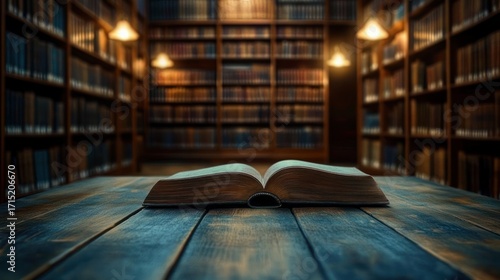 Open book lying on wooden table in a dimly lit, quiet library with tall shelves filled with many books in the background
