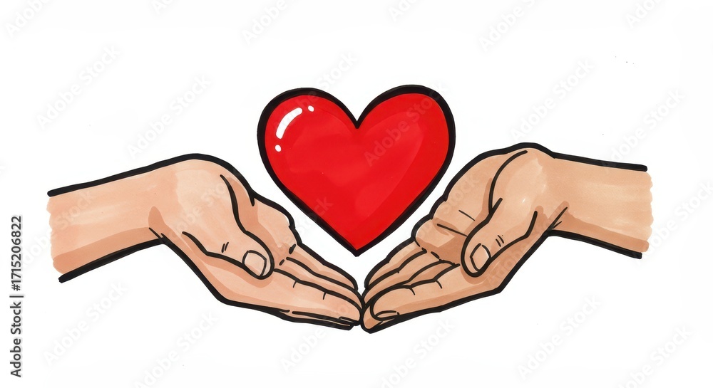Obraz premium Embrace in Red: Two hands tenderly cradling a vibrant red heart, symbolizing love, compassion, and care, rendered in a photorealistic art style.