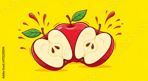Vibrant illustration of fresh red apples, sliced in half with a juicy splash on a yellow background