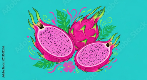 Vibrant Dragon Fruit Halved and Whole with Tropical Leaves and Flowers