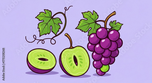 Bright and cheerful illustration of ripe purple grapes alongside a refreshing green kiwi, promoting natural freshness and vitality