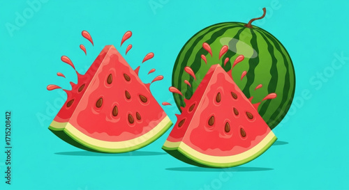 Vibrant cartoon illustration of fresh watermelon slices with juice splashing on a solid background