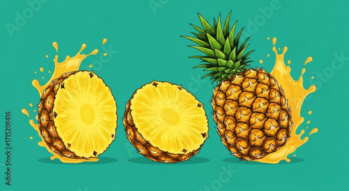 Vibrant illustration of a whole and sliced tropical pineapple with a fresh juice splash