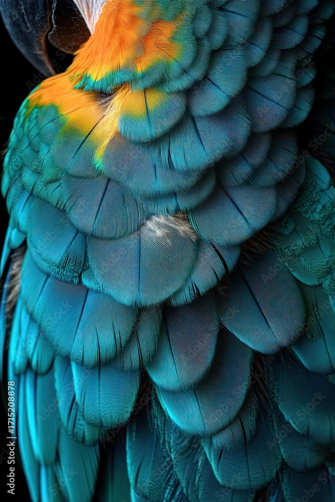Fototapeta premium Close-up of vibrant blue and yellow feathers with detailed texture and overlapping layers creating a rich, colorful pattern
