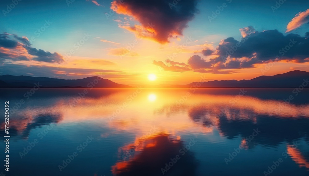 Fototapeta premium Vibrant sunset over calm lake reflecting colorful clouds and distant mountain silhouettes creating a serene and peaceful atmosphere
