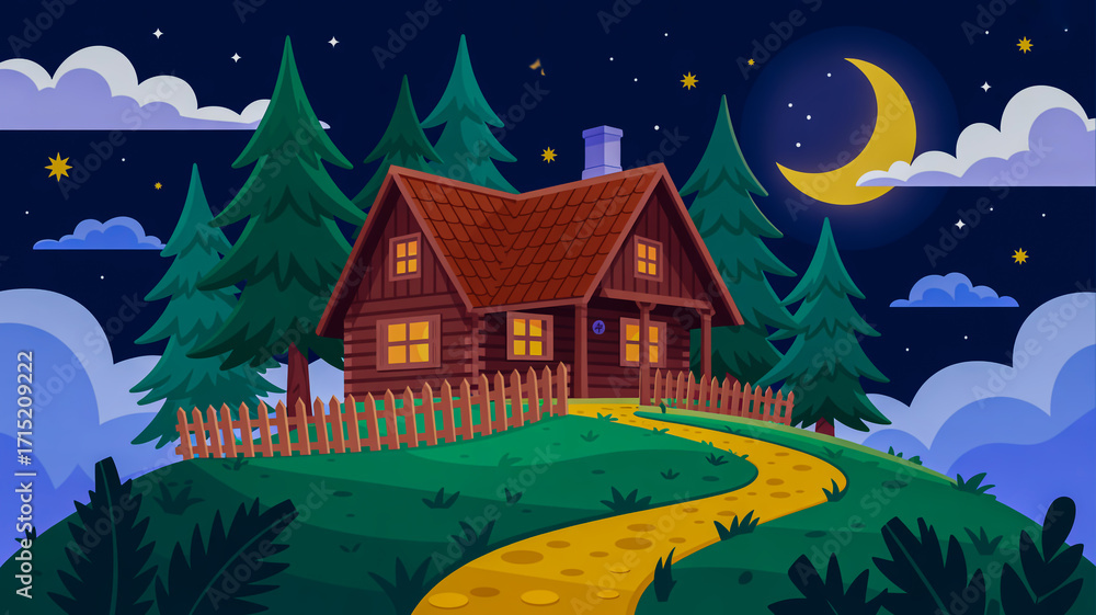 Fototapeta premium Cozy Log Cabin At Night With A Winding Path And Crescent Moon house dark