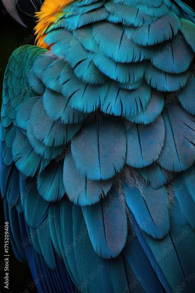 Obraz premium Close-up view of vibrant blue and yellow feathers with intricate texture and layering, showcasing the detailed pattern of a bird's plumage