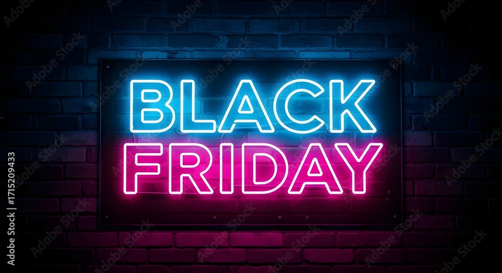 Obraz premium Neon Black Friday Sale Sign on Brick Wall