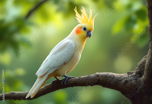 Cockatiel perched on a tree branch with a blurred green background, showcasing its vibrant yellow crest and white feathers.
