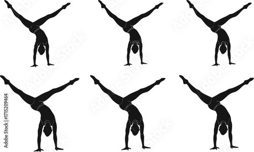 Female gymnast doing handstand balance pose, acrobatic cartwheel sequence, fitness training exercise, gymnastics silhouette, athletic flexibility sport movement illustration vector