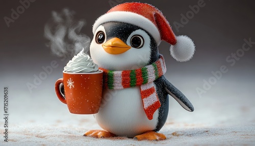 Adorable penguin wearing red and white Santa hat and striped scarf holding a steaming cup with whipped cream in snowy setting