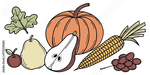 Autumn Fruits and Vegetables – Detailed Isolated Vector PNGs, Transparent Background