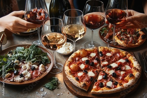 Group of people enjoying a meal with pepperoni and olive pizzas, fresh salad with cheese, and multiple glasses of red and white wine on a wooden table