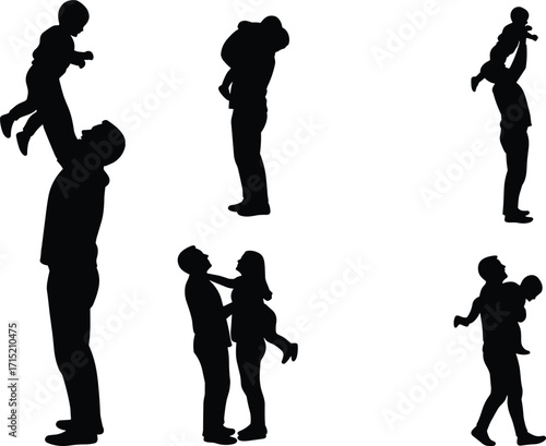 Happy family silhouettes, father holding child, parents playing with kids, parenting love, bonding together, family relationship, illustration design, lifestyle people vector